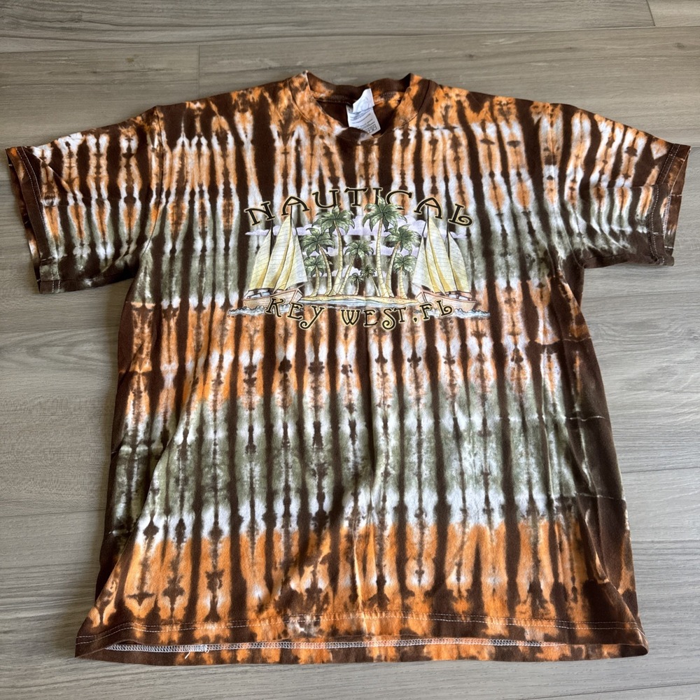 Vintage Key West Nautical Tie Dye Sz M Palm Trees Sail Boats Orange Brown Green